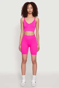 Womens Seamless High Waisted Textured Knit Bike Shorts, Pink, Size S-M