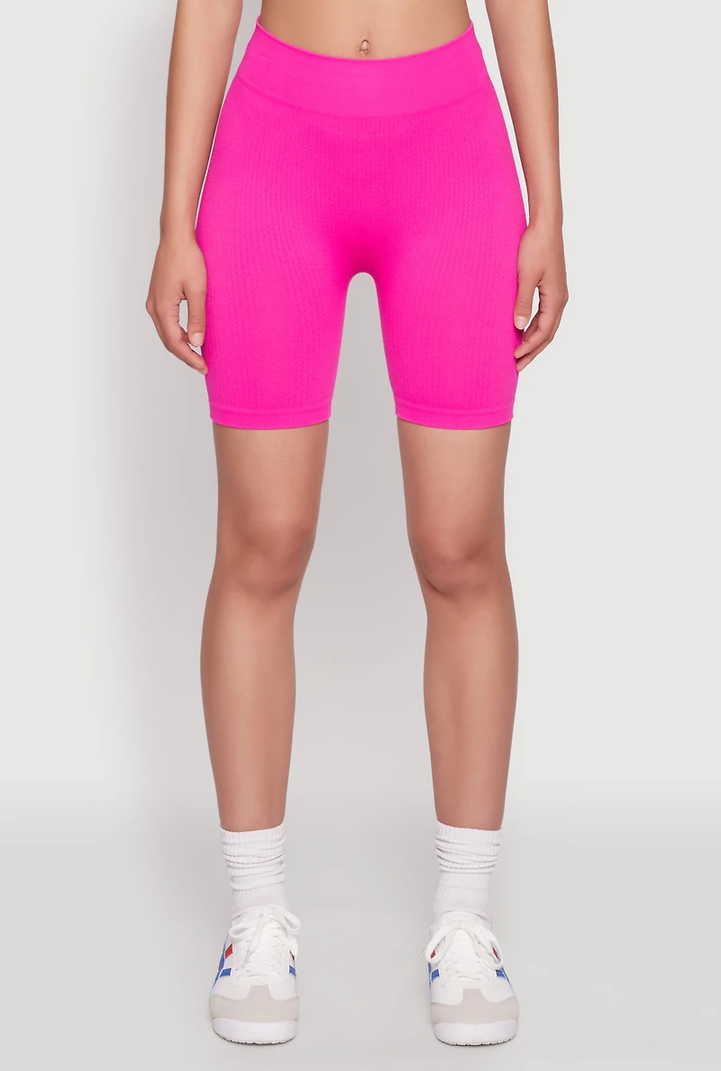 Womens Seamless High Waisted Textured Knit Bike Shorts, Pink, Size S-M