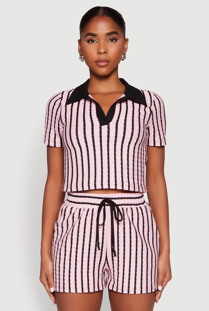 Womens Striped Collared Crop Top, Pink, Size M