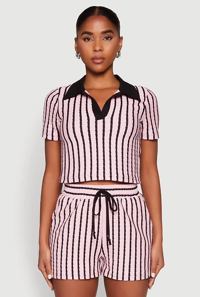 Womens Striped Collared Crop Top, Pink, Size M