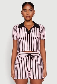 Womens Striped Collared Crop Top, Pink, Size M