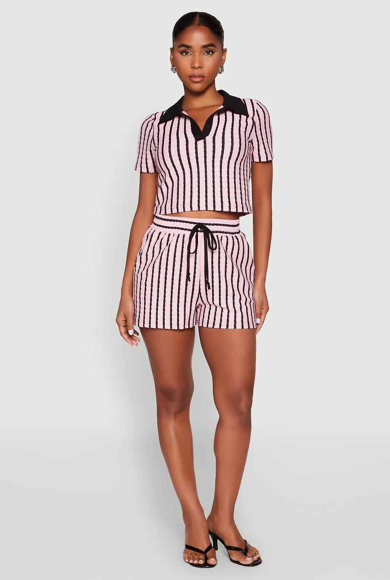 Womens Striped Collared Crop Top, Pink, Size M