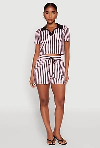 Womens Striped Collared Crop Top, Pink, Size M