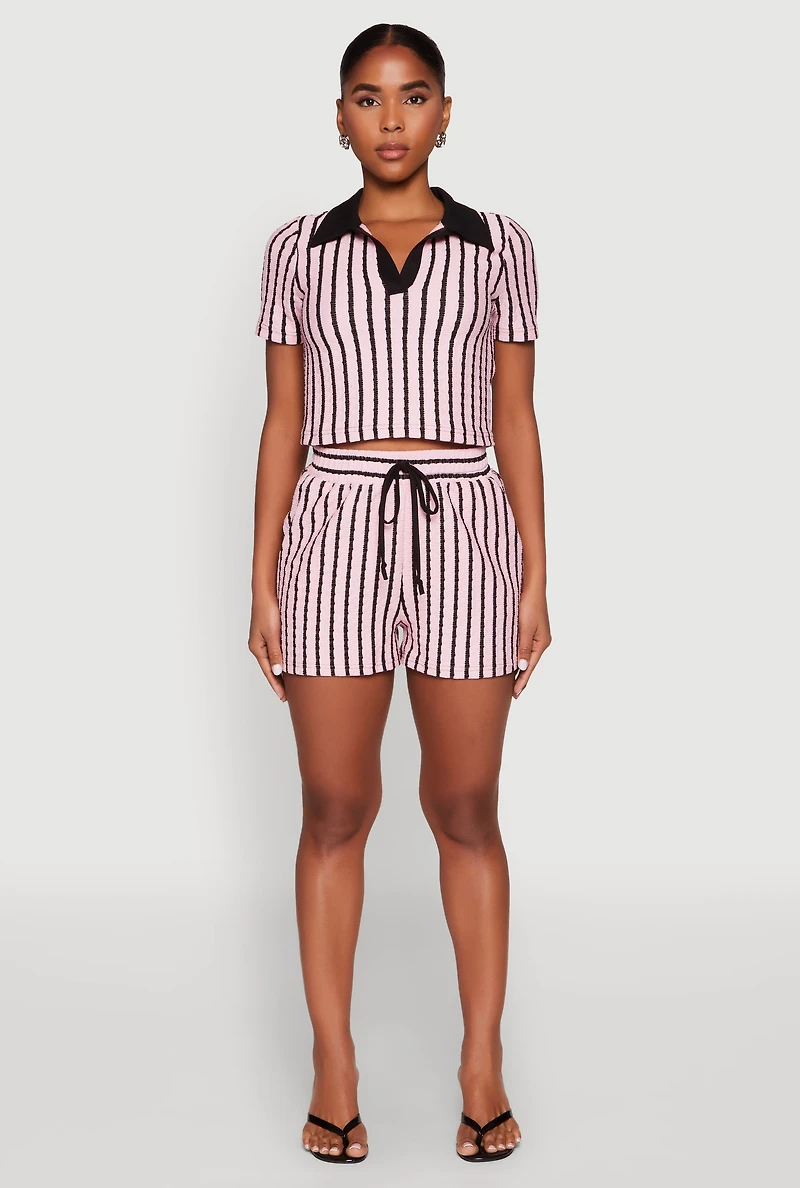 Womens Striped Collared Crop Top, Pink, Size M
