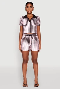 Womens Striped Collared Crop Top, Pink, Size M