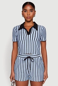 Womens Striped Collared Crop Top, Blue, Size M