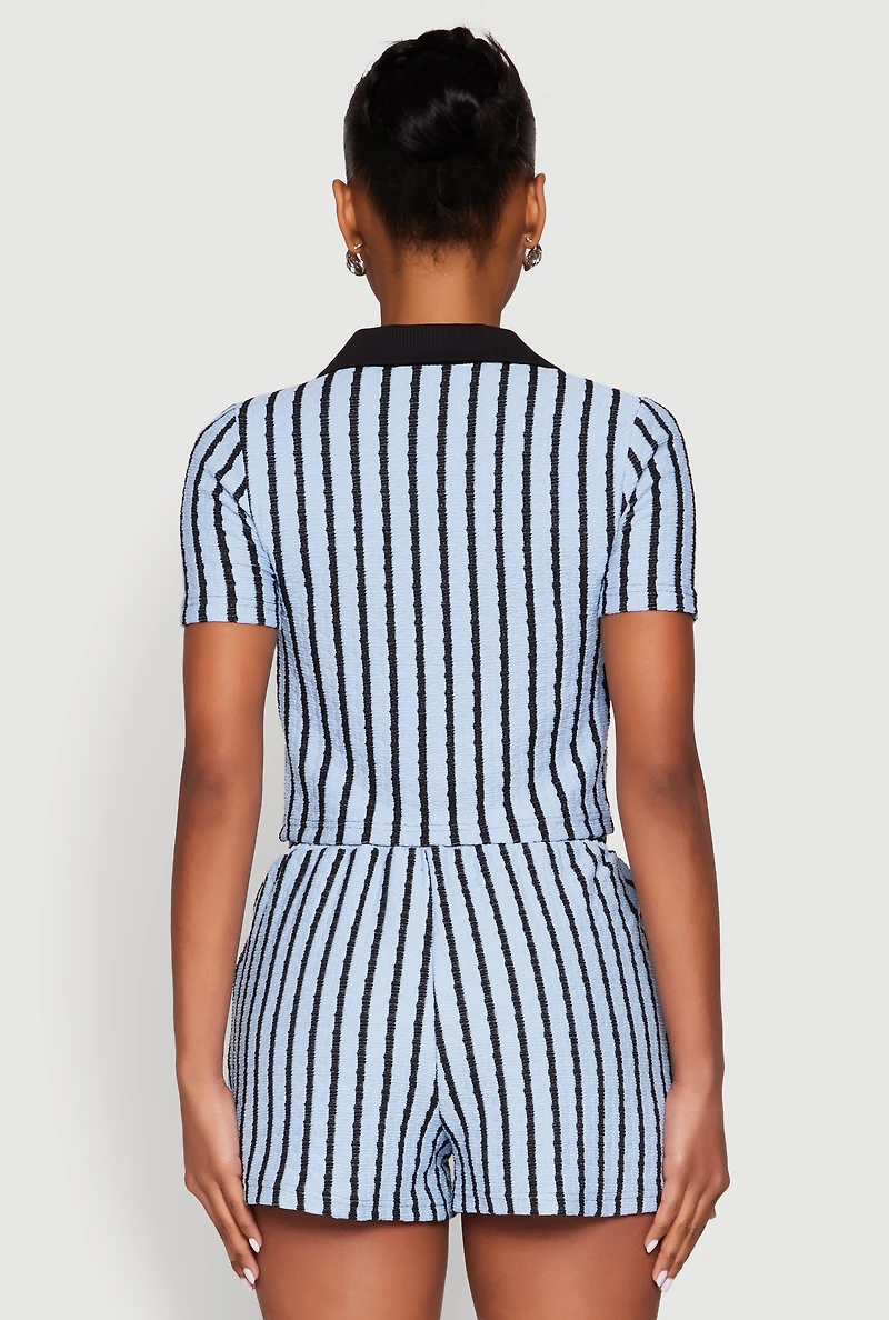 Womens Striped Collared Crop Top, Blue, Size M