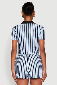 Womens Striped Collared Crop Top, Blue, Size M