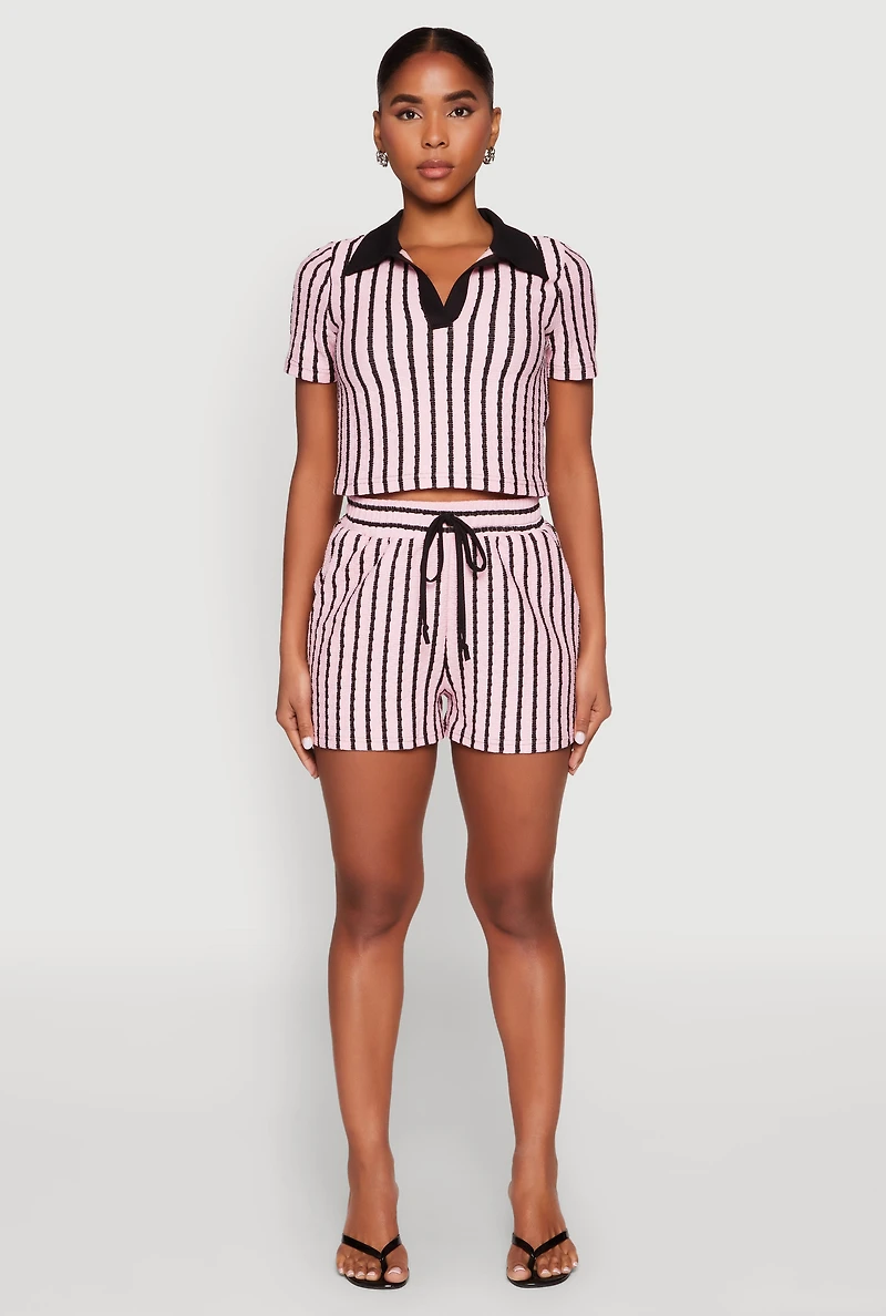Womens Striped High Waisted Shorts, Pink, Size L