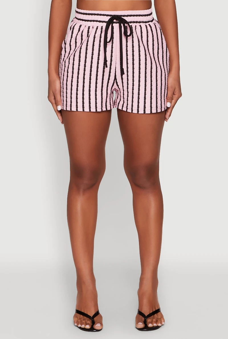 Womens Striped High Waisted Shorts, Pink,