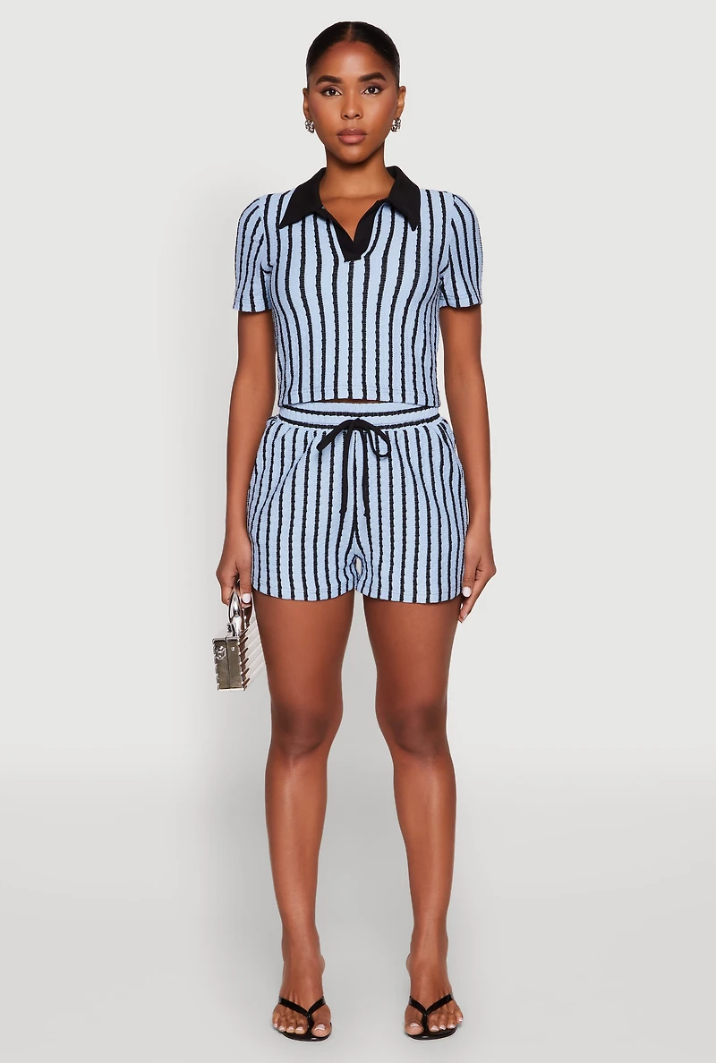Womens Striped High Waisted Shorts, Blue, Size L