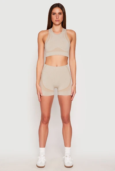 Womens Seamless Contrast Detail Biker Shorts, Khaki, Size S-M
