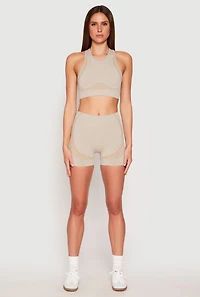 Womens Seamless Contrast Detail Biker Shorts, Khaki, Size S-M