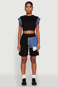 Womens Denim Trim Cap Sleeve Crop Top, Black, Size M