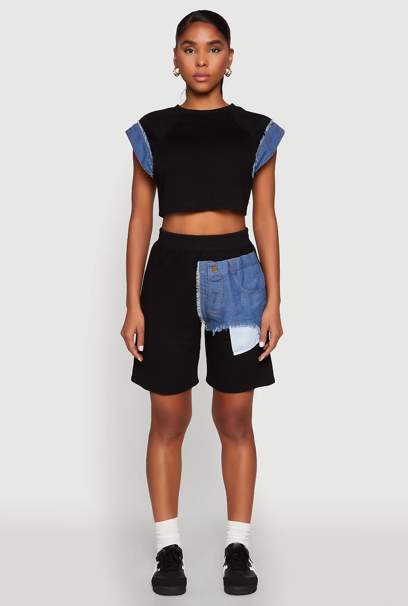Denim Trim Cap Sleeve Crop Top