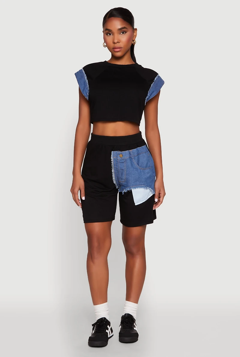 Womens Denim Trim Cap Sleeve Crop Top, Black, Size M