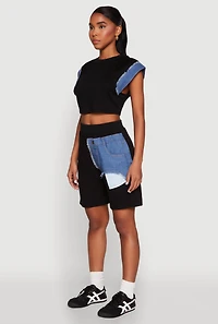 Womens Denim Trim Cap Sleeve Crop Top, Black, Size S