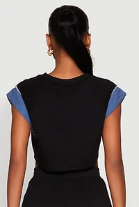 Womens Denim Trim Cap Sleeve Crop Top, Black, Size S