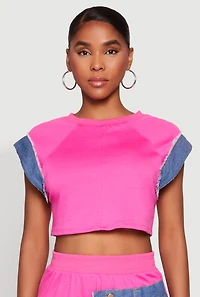 Womens Denim Trim Cap Sleeve Crop Top, Pink, Size M