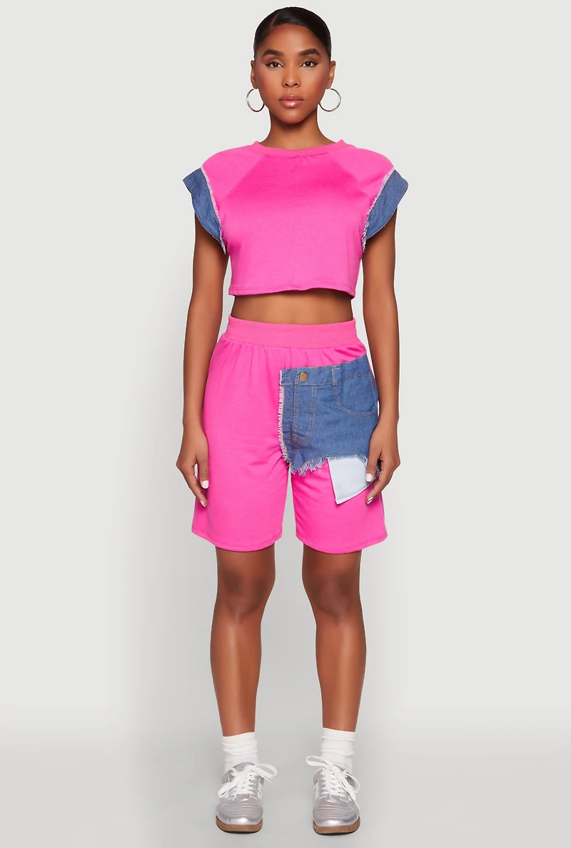 Womens Denim Trim Cap Sleeve Crop Top, Pink, Size M