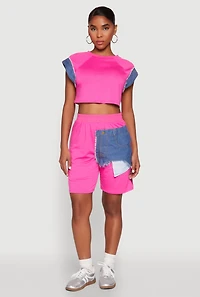 Womens Denim Trim Cap Sleeve Crop Top, Pink, Size M