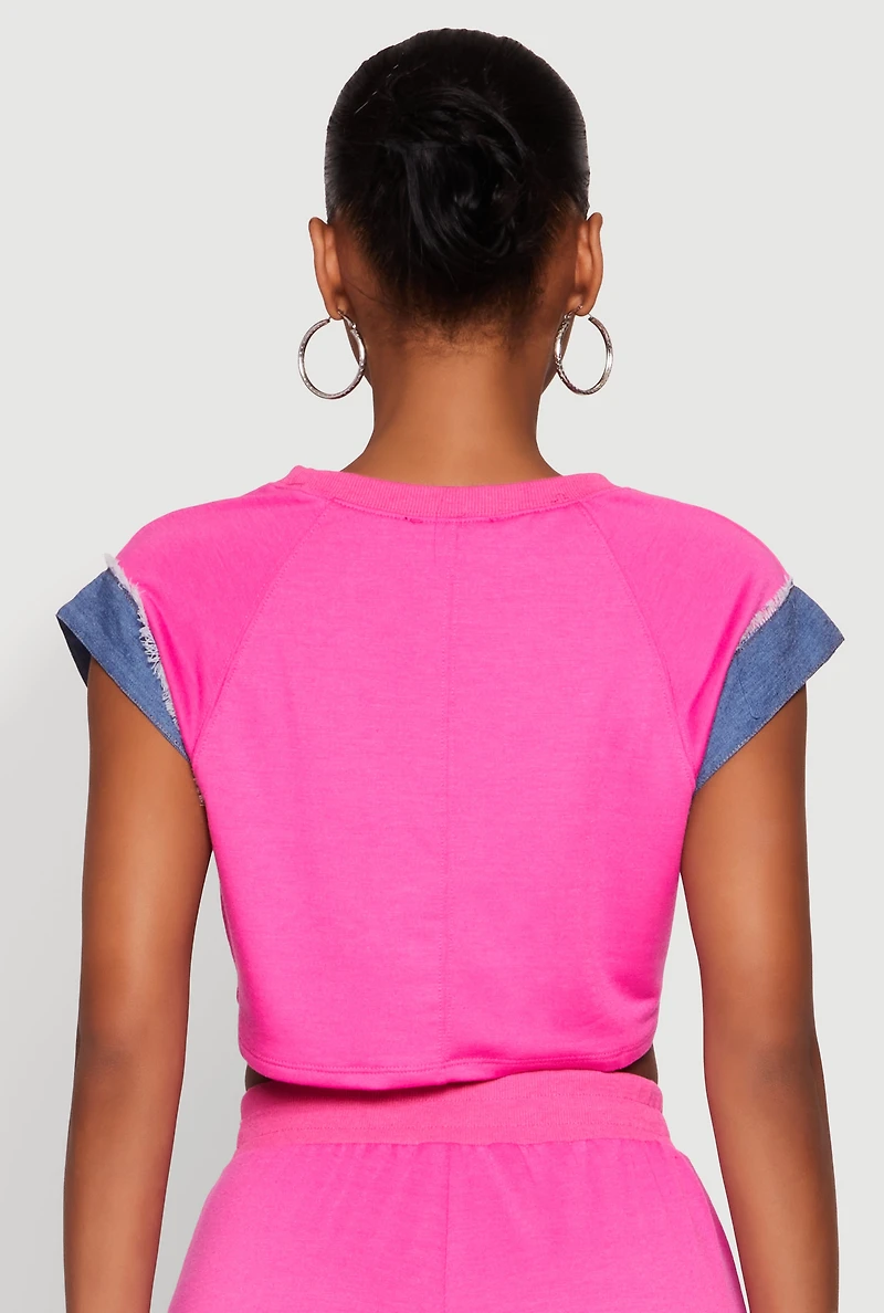 Womens Denim Trim Cap Sleeve Crop Top, Pink, Size M