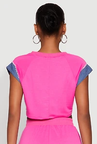 Womens Denim Trim Cap Sleeve Crop Top, Pink, Size M