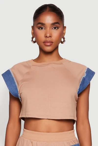 Womens Denim Trim Cap Sleeve Crop Top, Brown, Size M