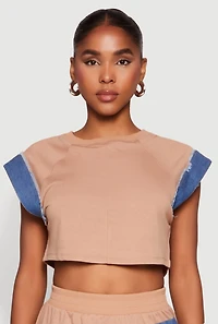 Womens Denim Trim Cap Sleeve Crop Top, Brown,