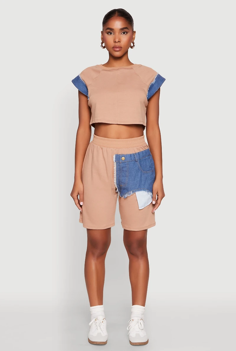 Womens Denim Trim Cap Sleeve Crop Top, Brown,