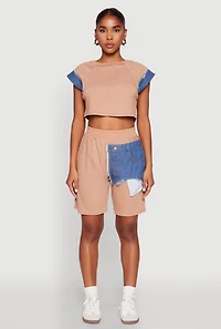 Womens Denim Trim Cap Sleeve Crop Top, Brown,