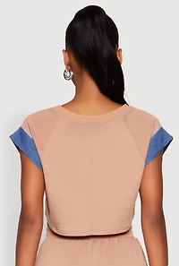 Womens Denim Trim Cap Sleeve Crop Top, Brown,