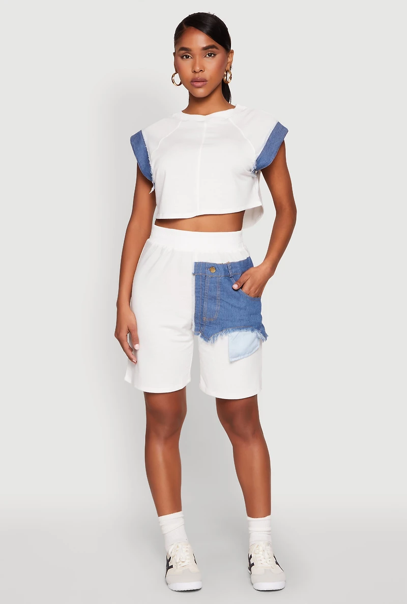 Womens Denim Patch Pocket French Terry Shorts, White, Size M