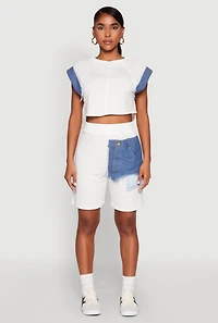Womens Denim Patch Pocket French Terry Shorts, White, Size M