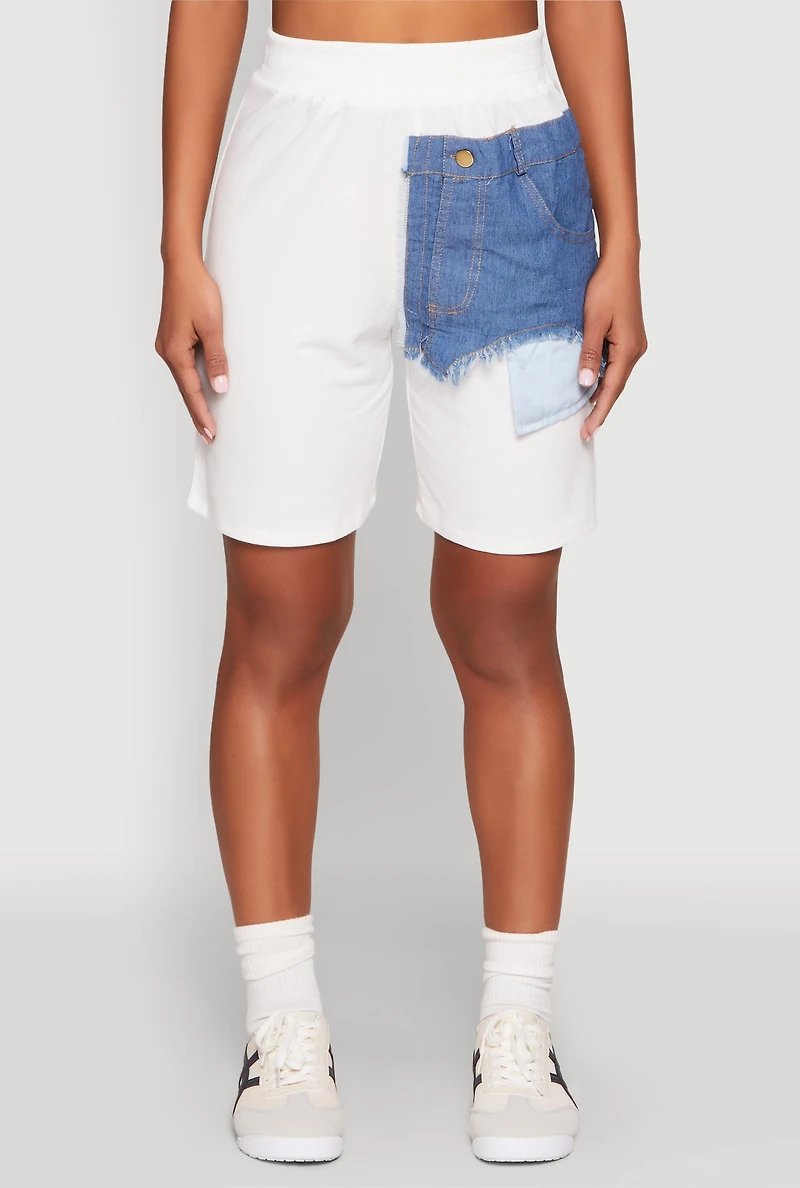 Womens Denim Patch Pocket French Terry Shorts, White, Size M