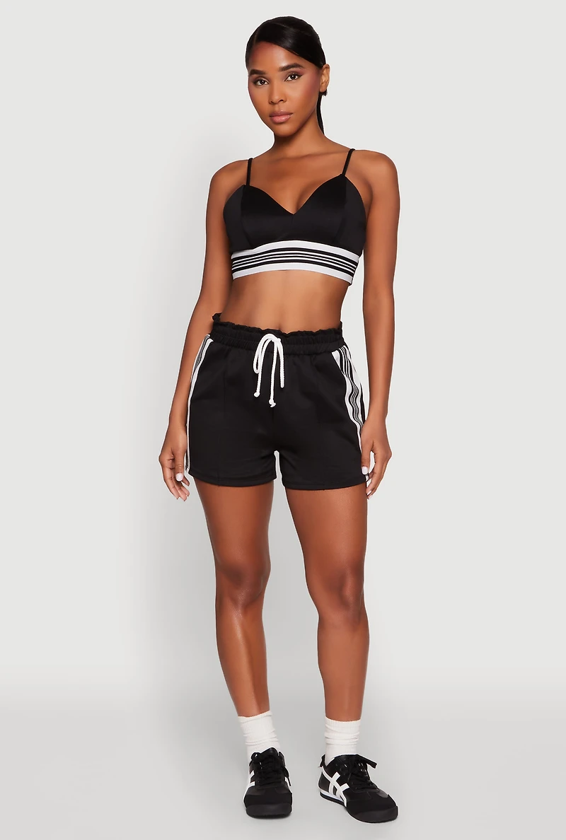 Womens Stylish Sleeveless V-Neck Crop Top with Contrast Trim and Varsity Stripe, Black,