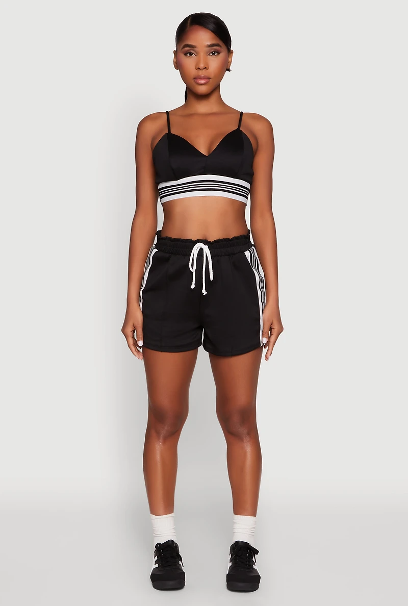 Womens Stylish Sleeveless V-Neck Crop Top with Contrast Trim and Varsity Stripe, Black,