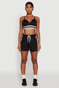 Womens Stylish Sleeveless V-Neck Crop Top with Contrast Trim and Varsity Stripe, Black,