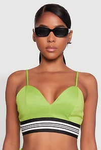 Stylish Sleeveless V-Neck Crop Top with Contrast Trim and Varsity Stripe