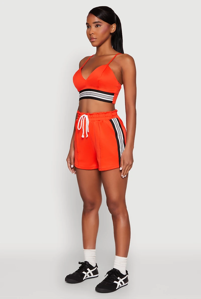 Womens Stylish Sleeveless V-Neck Crop Top with Contrast Trim and Varsity Stripe, Orange, Size L