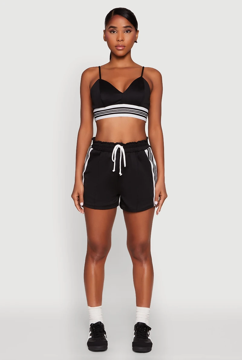 Womens Contrast Side Stripe Paper Bag Waist Short, Black, Size L