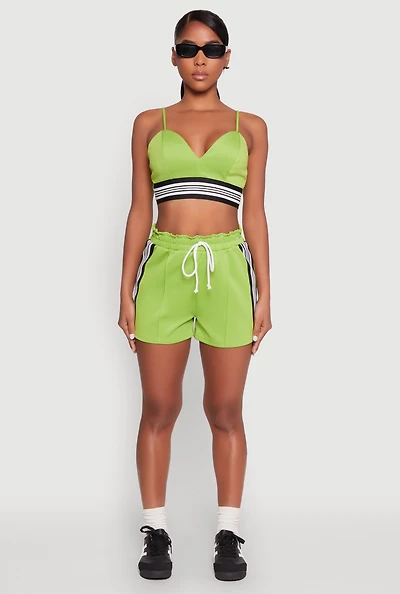 Womens Contrast Side Stripe Paper Bag Waist Short, Green, Size M