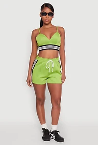 Womens Contrast Side Stripe Paper Bag Waist Short, Green, Size M