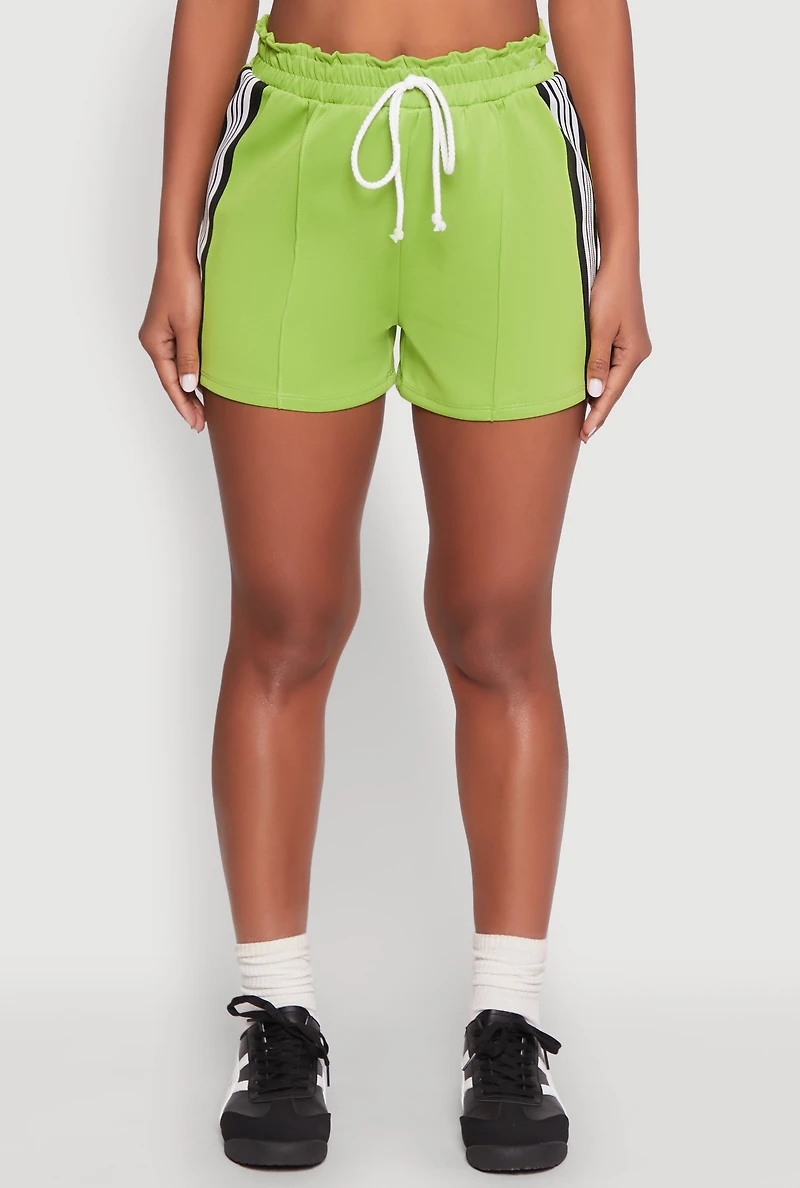 Womens Contrast Side Stripe Paper Bag Waist Short, Green, Size M