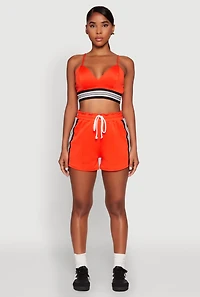 Womens Contrast Side Stripe Paper Bag Waist Short, Orange,