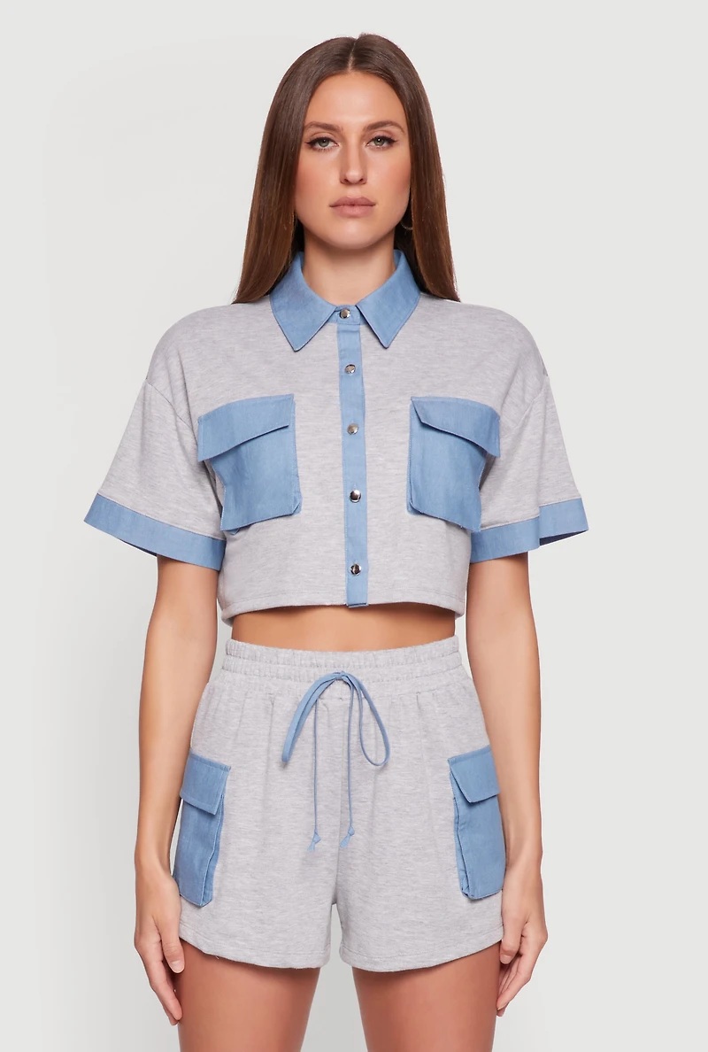 Womens Chambray Detail Short Sleeve Crop Top, Grey, Size M
