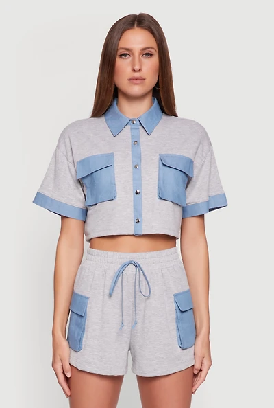 Womens Chambray Detail Short Sleeve Crop Top, Grey, Size M