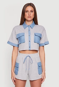 Womens Chambray Detail Short Sleeve Crop Top, Grey, Size M