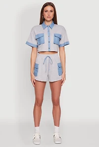 Womens Chambray Detail Short Sleeve Crop Top, Grey, Size M