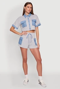 Womens Chambray Detail Short Sleeve Crop Top, Grey, Size M